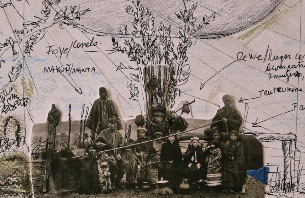Obra Mapuche de Francisco Huichaqueo, en collage con texto escrito a mano